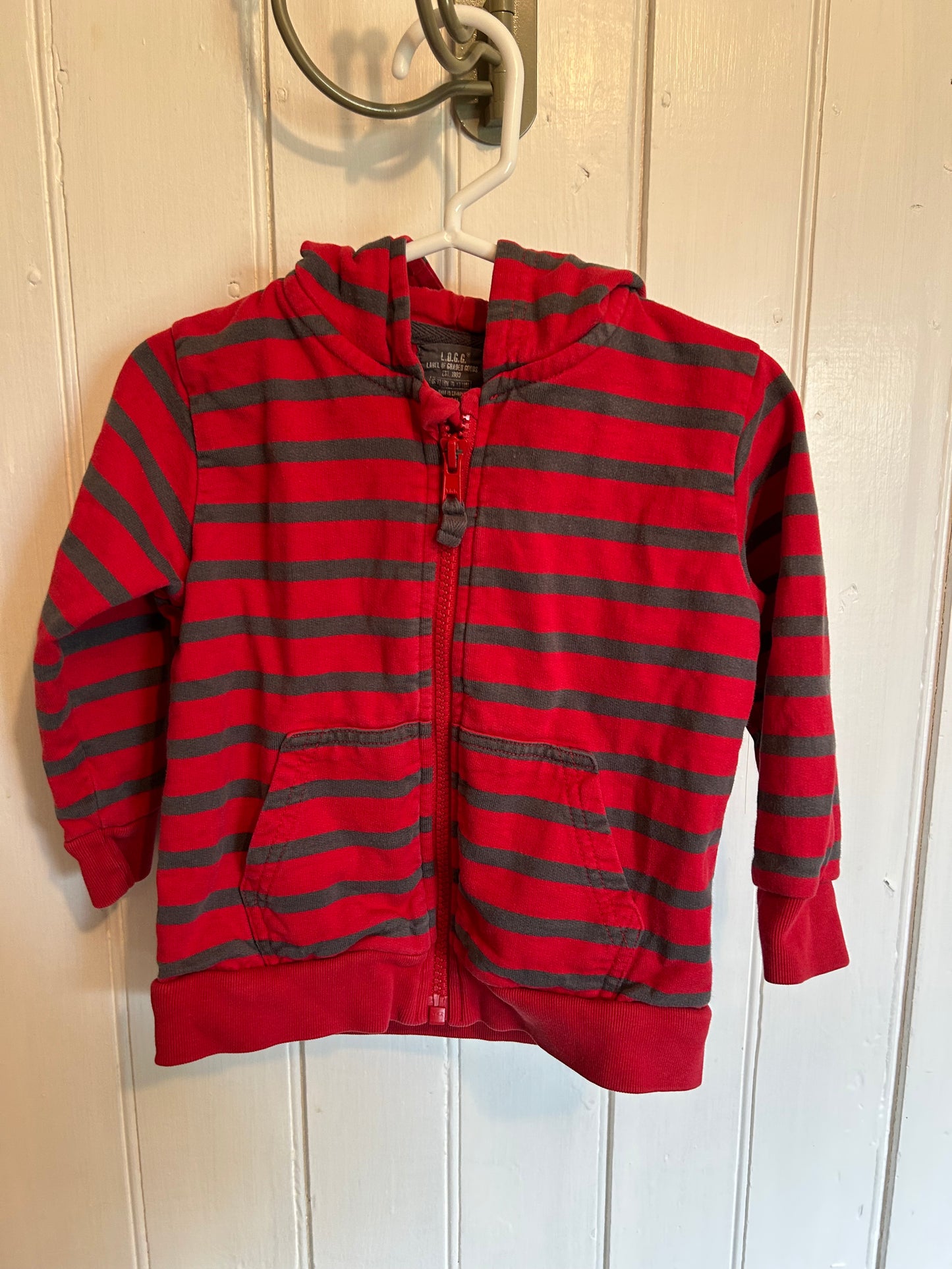 H&M 12/18m red & grey striped zip up hoodie