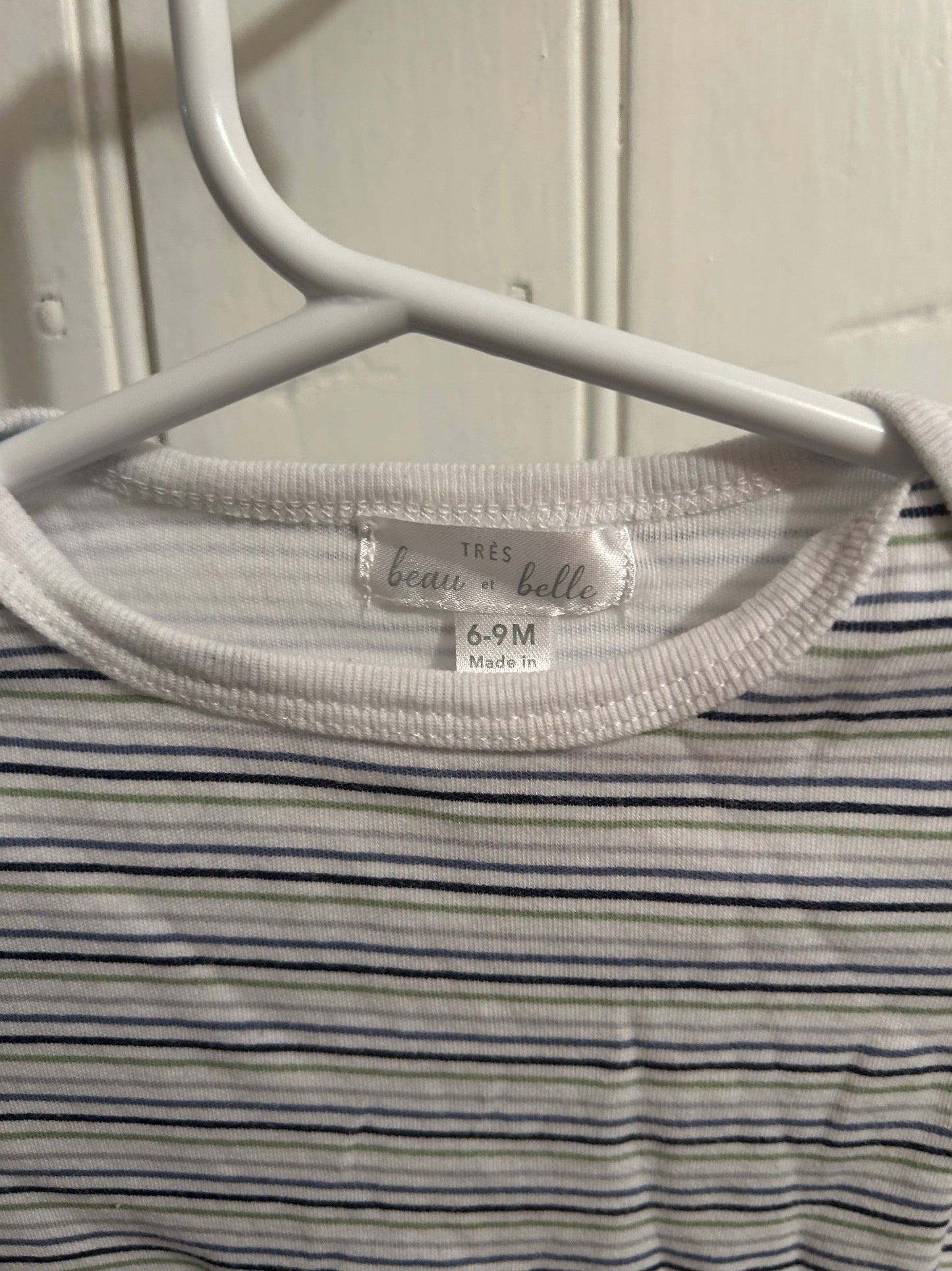 Beau & Bella 6/9m green & blue striped onesie