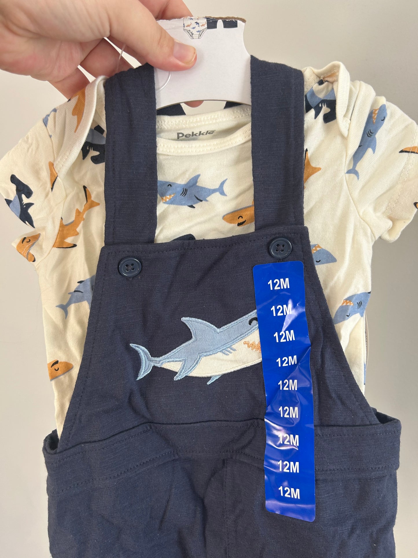 NEW Pekkle 12m shark overall & onesie set