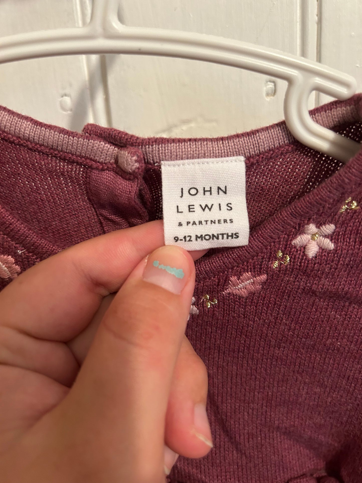 John Lewis 9/12m burgundy floral knit dress
