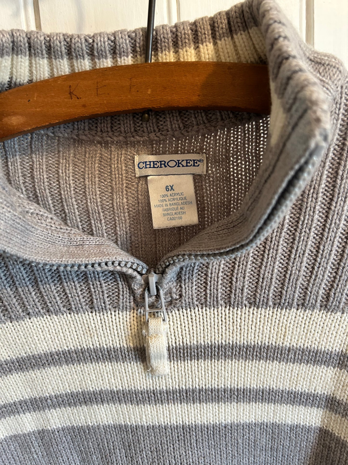 Cherokee 6x grey & white striped knit quarter zip sweater