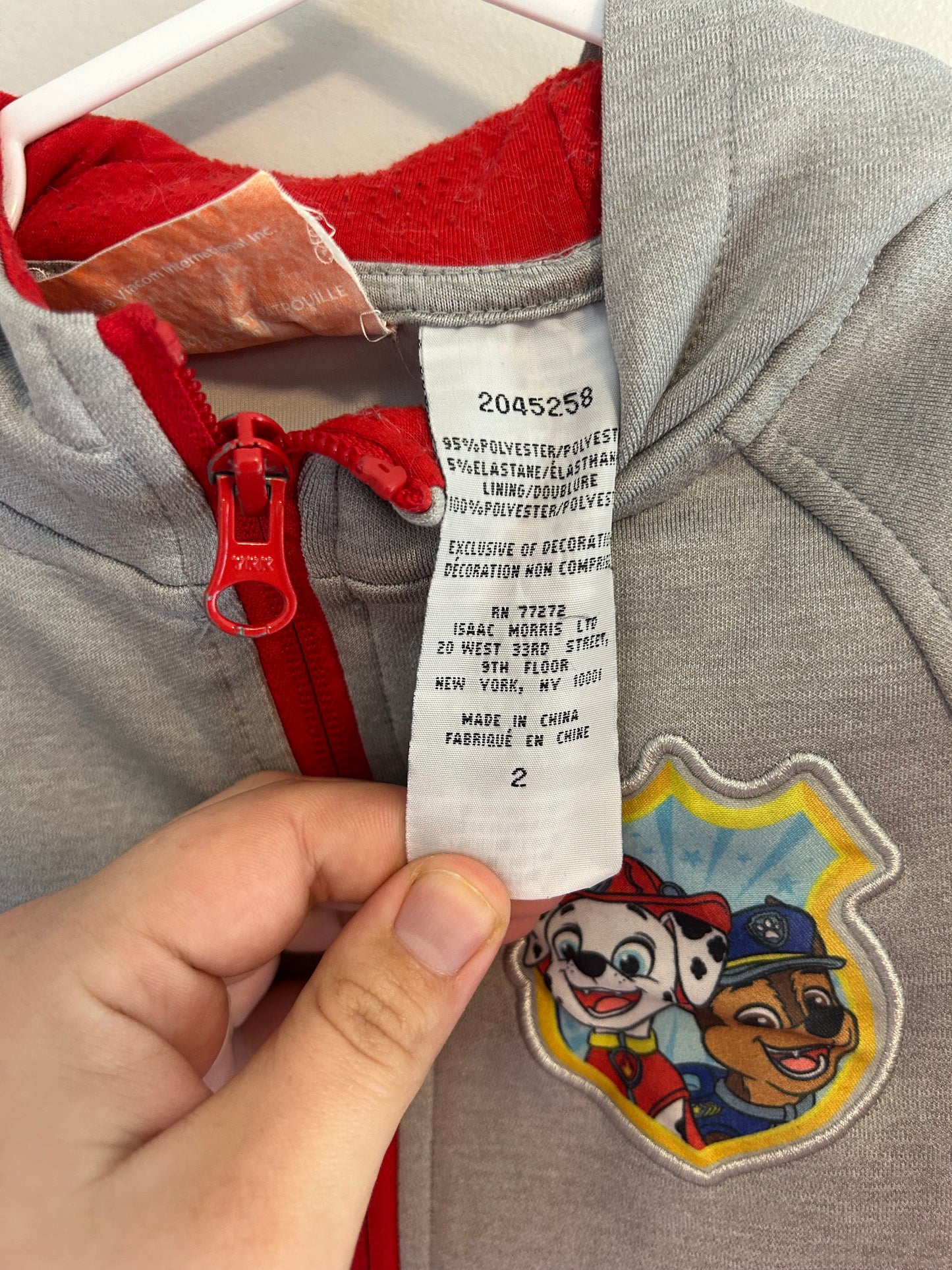 Paw patrol 2t grey zip up hoodie