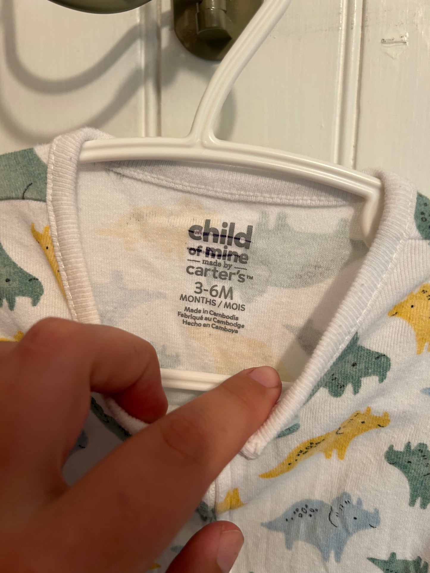 Carters 3/6m yellow, blue & green Dino zip up sleeper