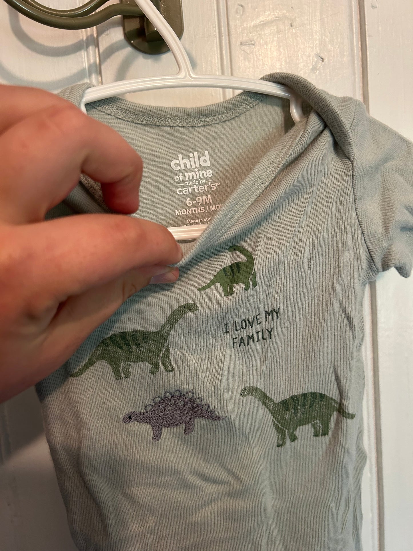 Carters 6/9m green family Dino onesie