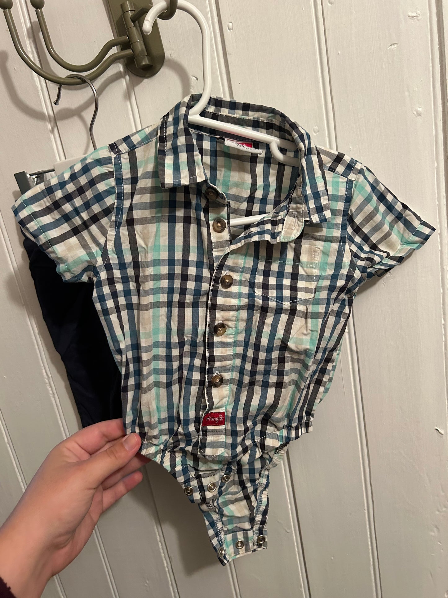 Wrangler 6m blue plaid onesie & pants set