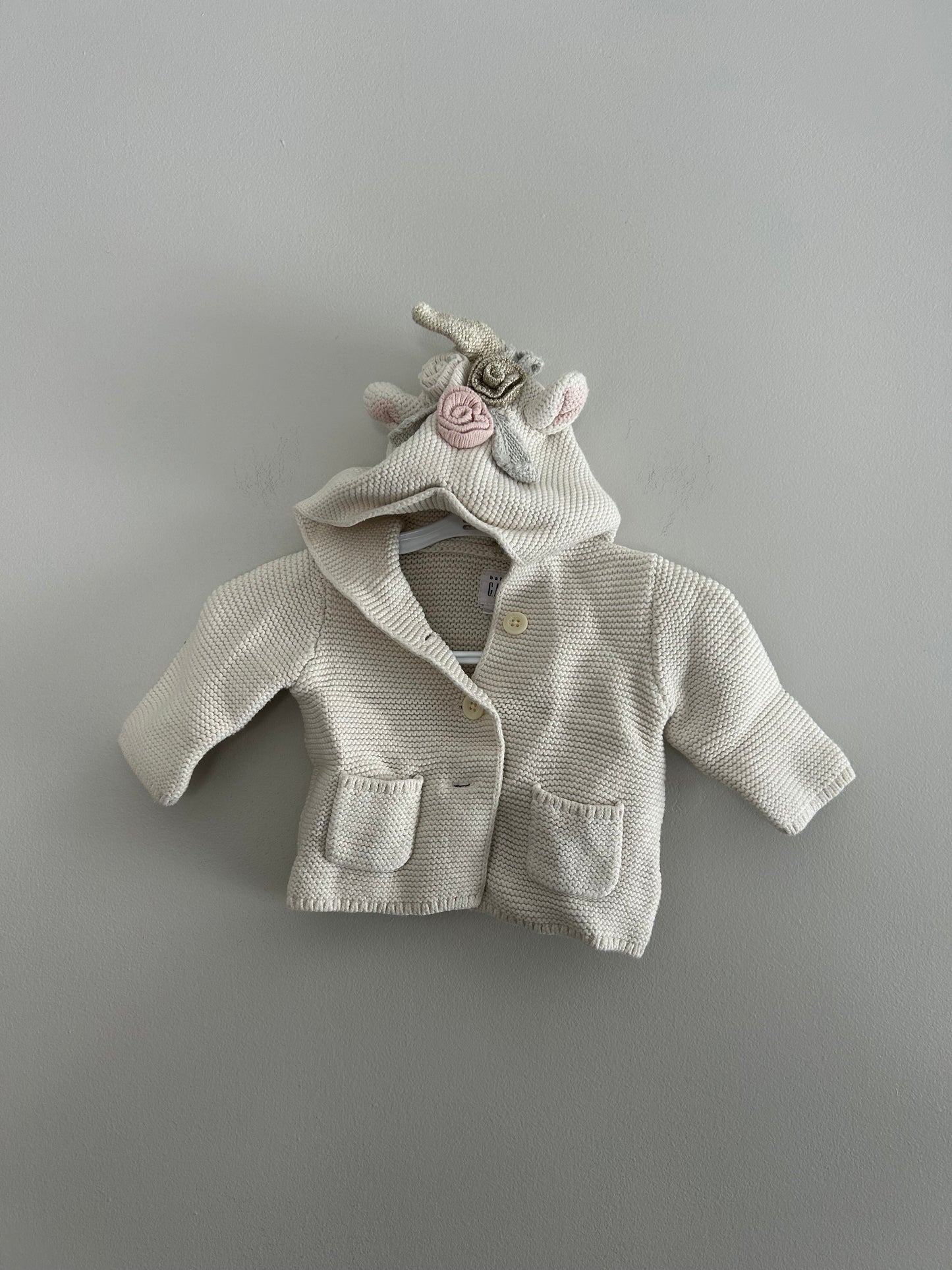 Gap 0/6m white unicorn knit hooded cardigan