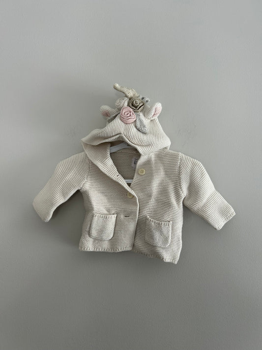 Gap 0/6m white unicorn knit hooded cardigan
