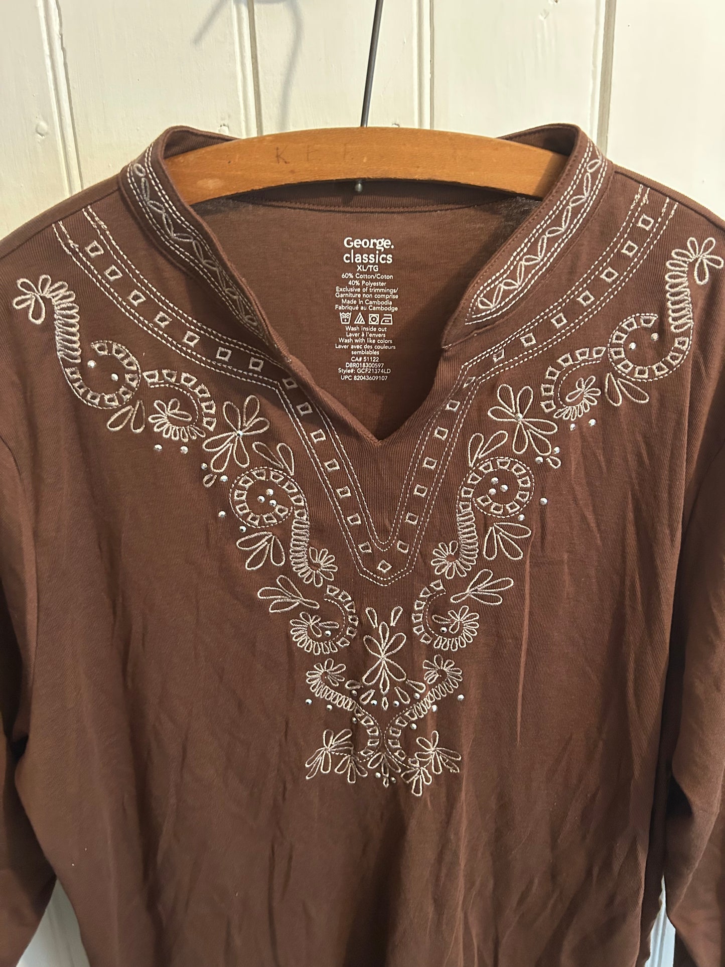 George xl brown embroidered vneck top