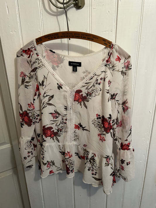 Le château small white & red floral flare sleeve blouse