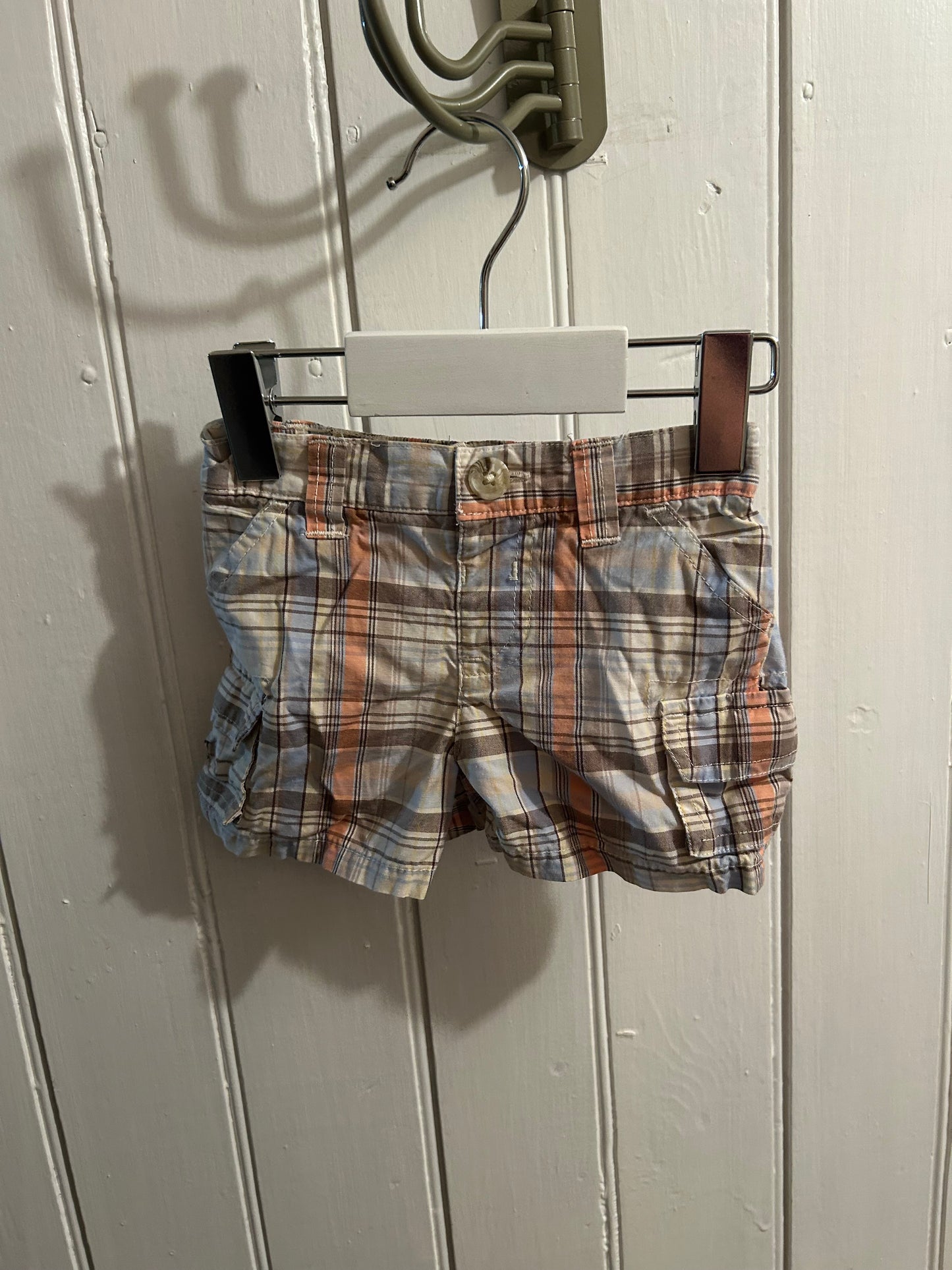 Old navy 0/3m tan, orange & blue plaid shorts