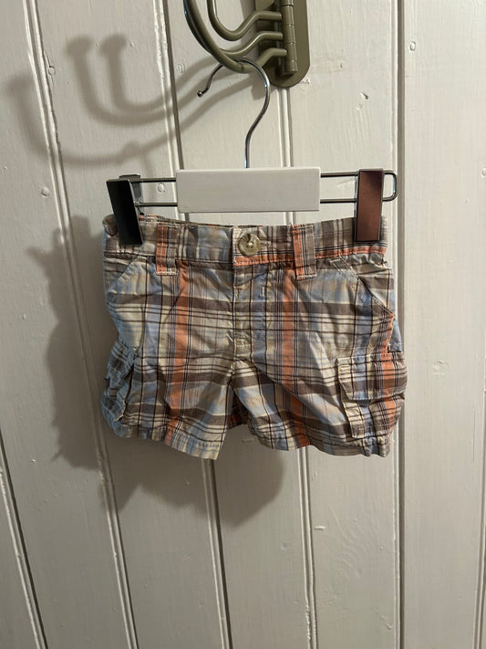 Old navy 0/3m tan, orange & blue plaid shorts