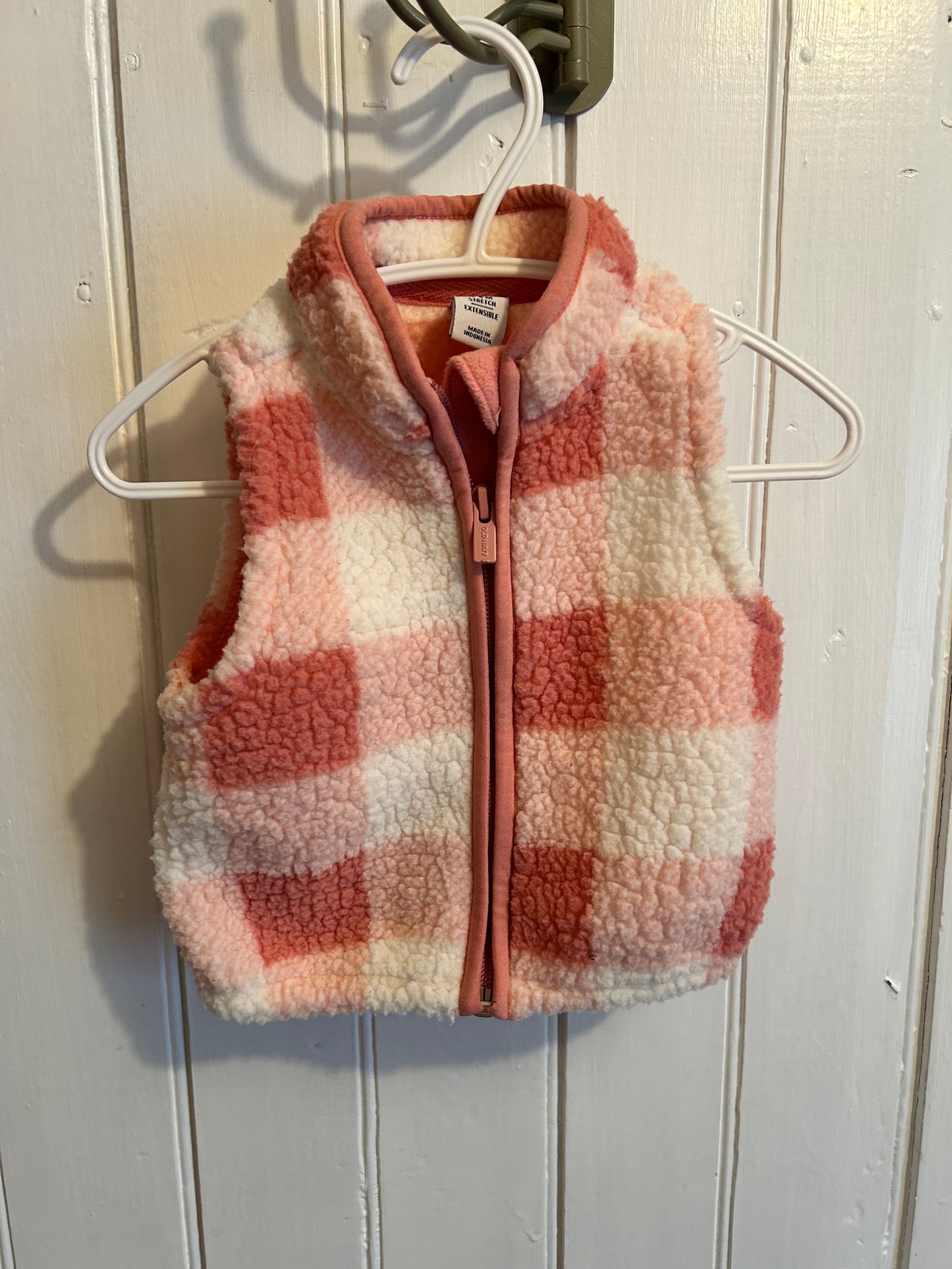 Old navy 3/6m pink & white gingham Sherpa vest