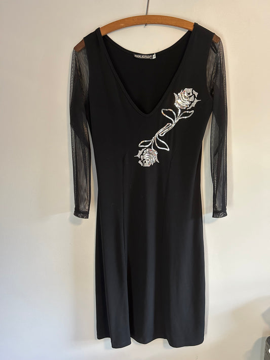 Bolero medium black sheer long sleeve midi dress with silver sequin roses