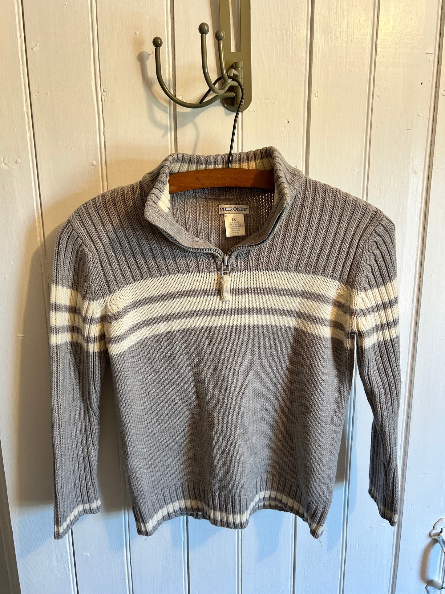 Cherokee 6x grey & white striped knit quarter zip sweater
