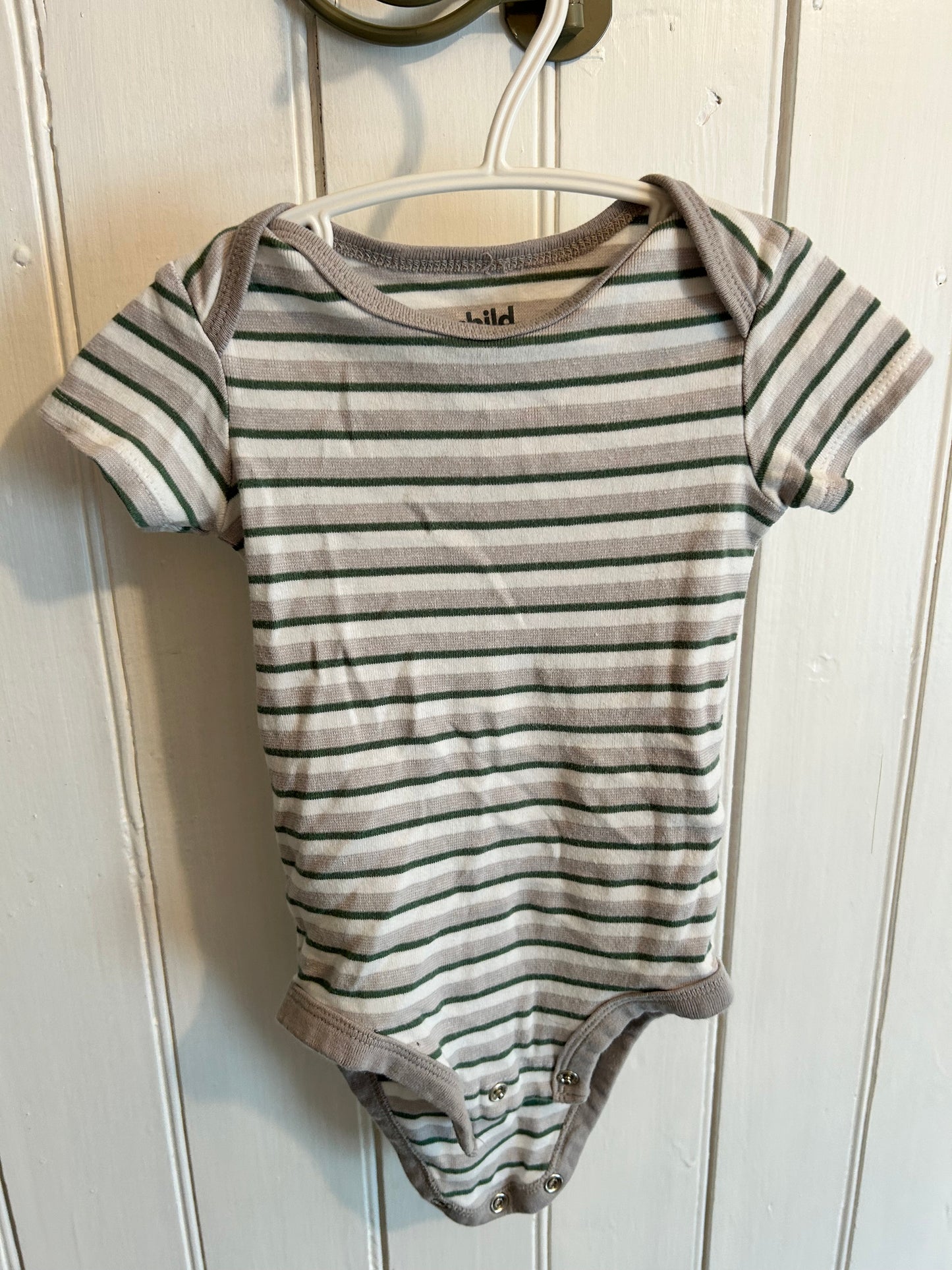 Carters 6/9m green & grey striped onesie