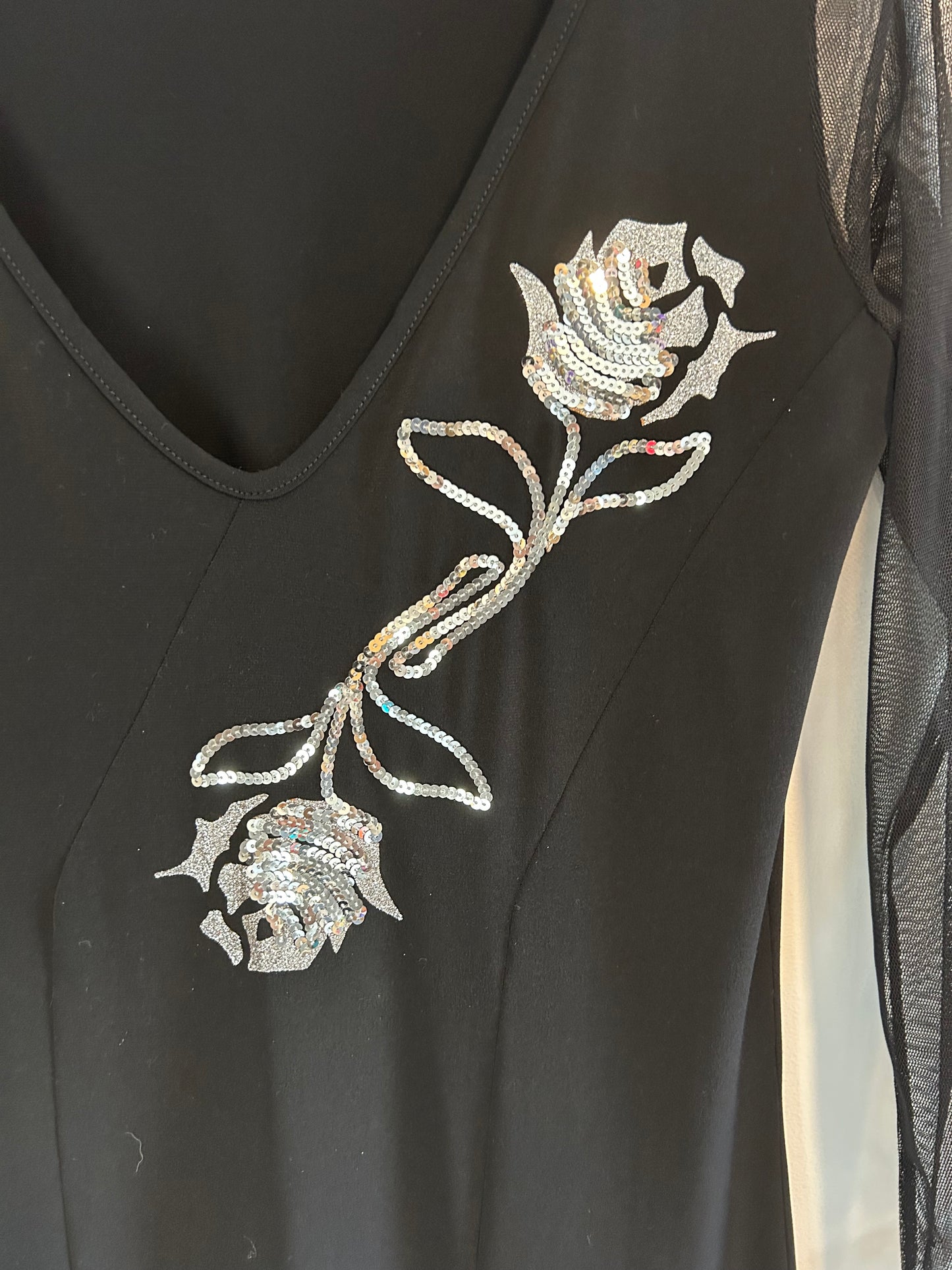 Bolero medium black sheer long sleeve midi dress with silver sequin roses