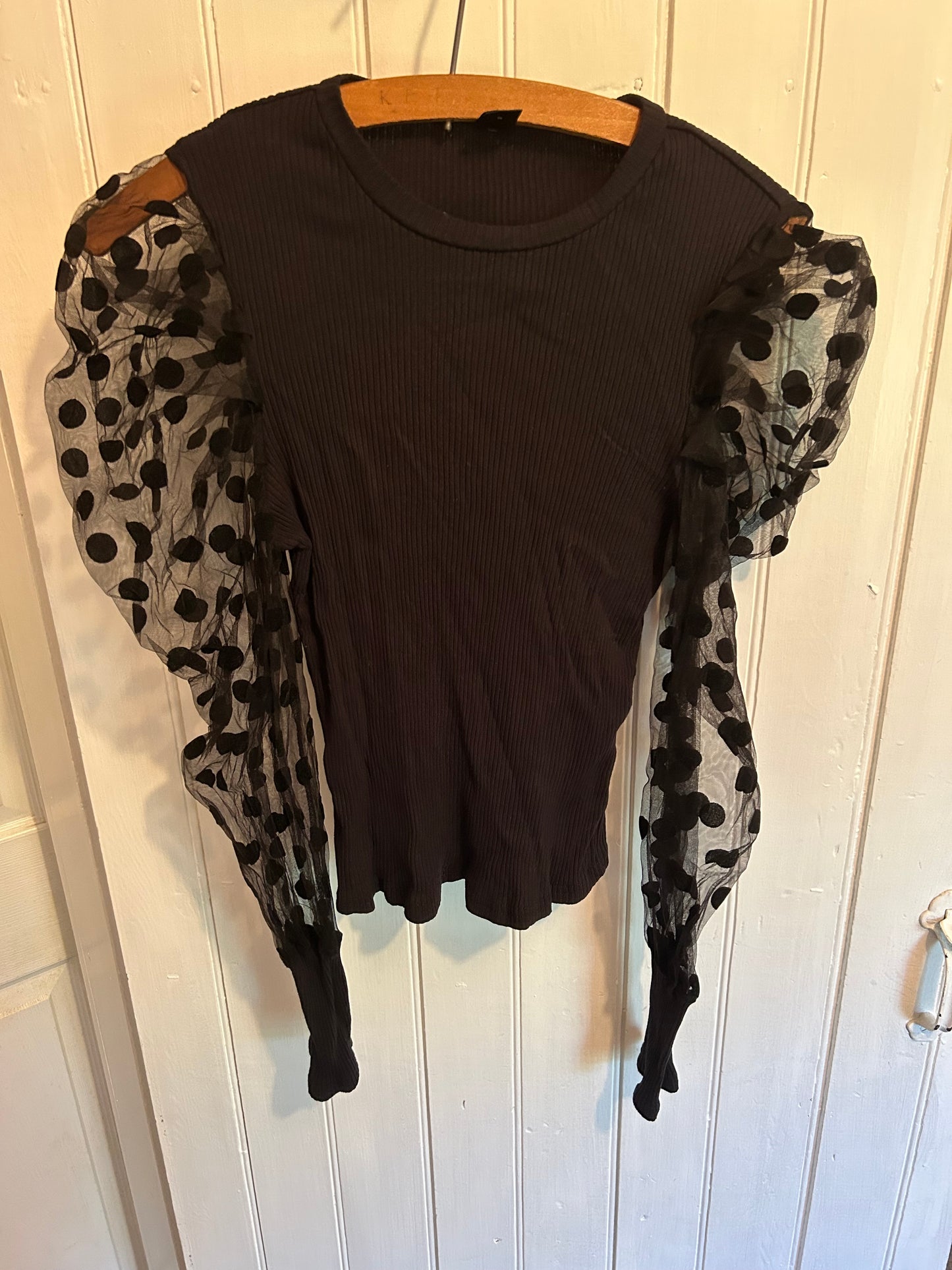 Shein xl black sheer polka dot puff sleeve top