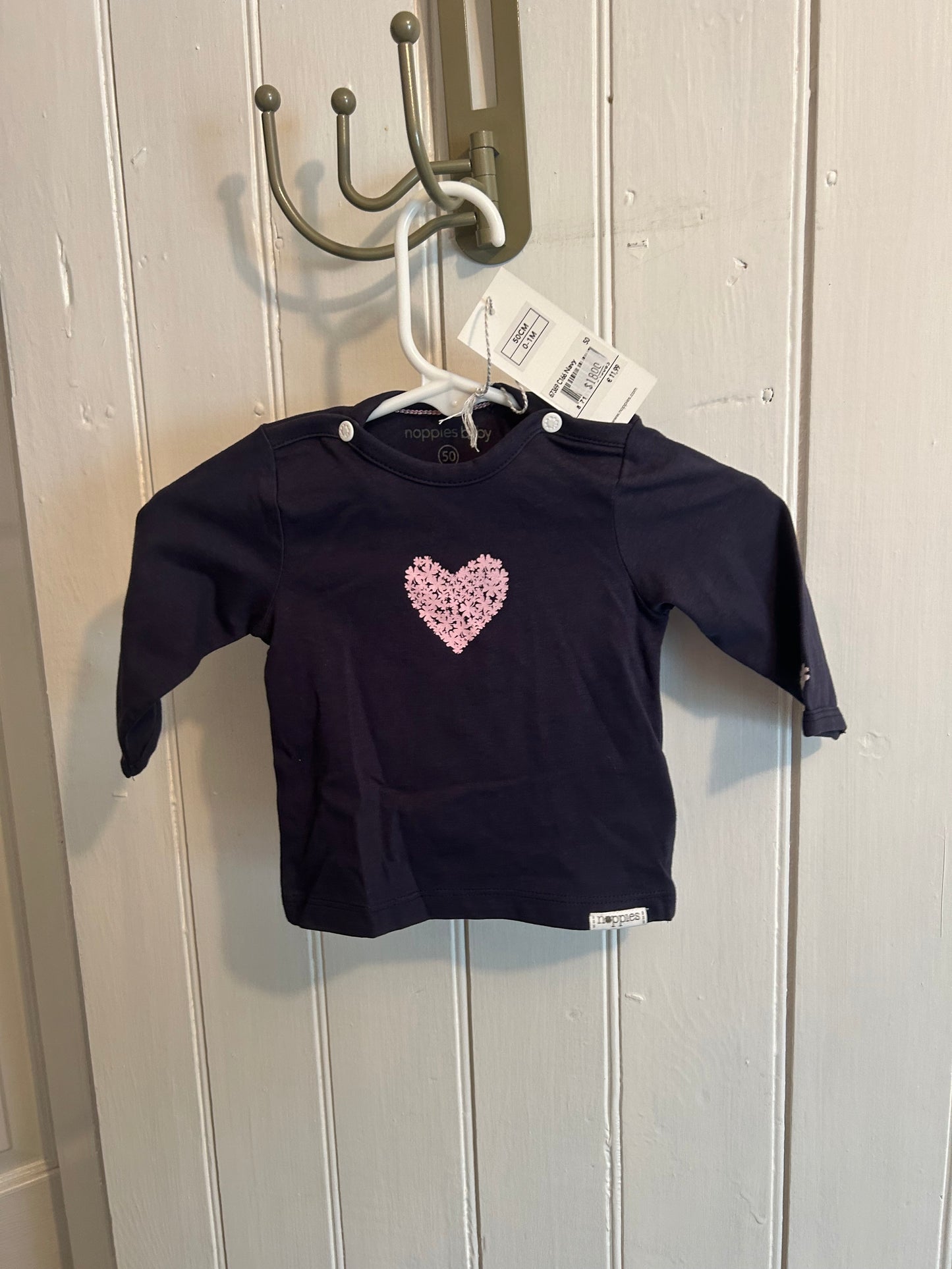 NEW Noppies 0/1m navy & pink floral heart long sleeve top