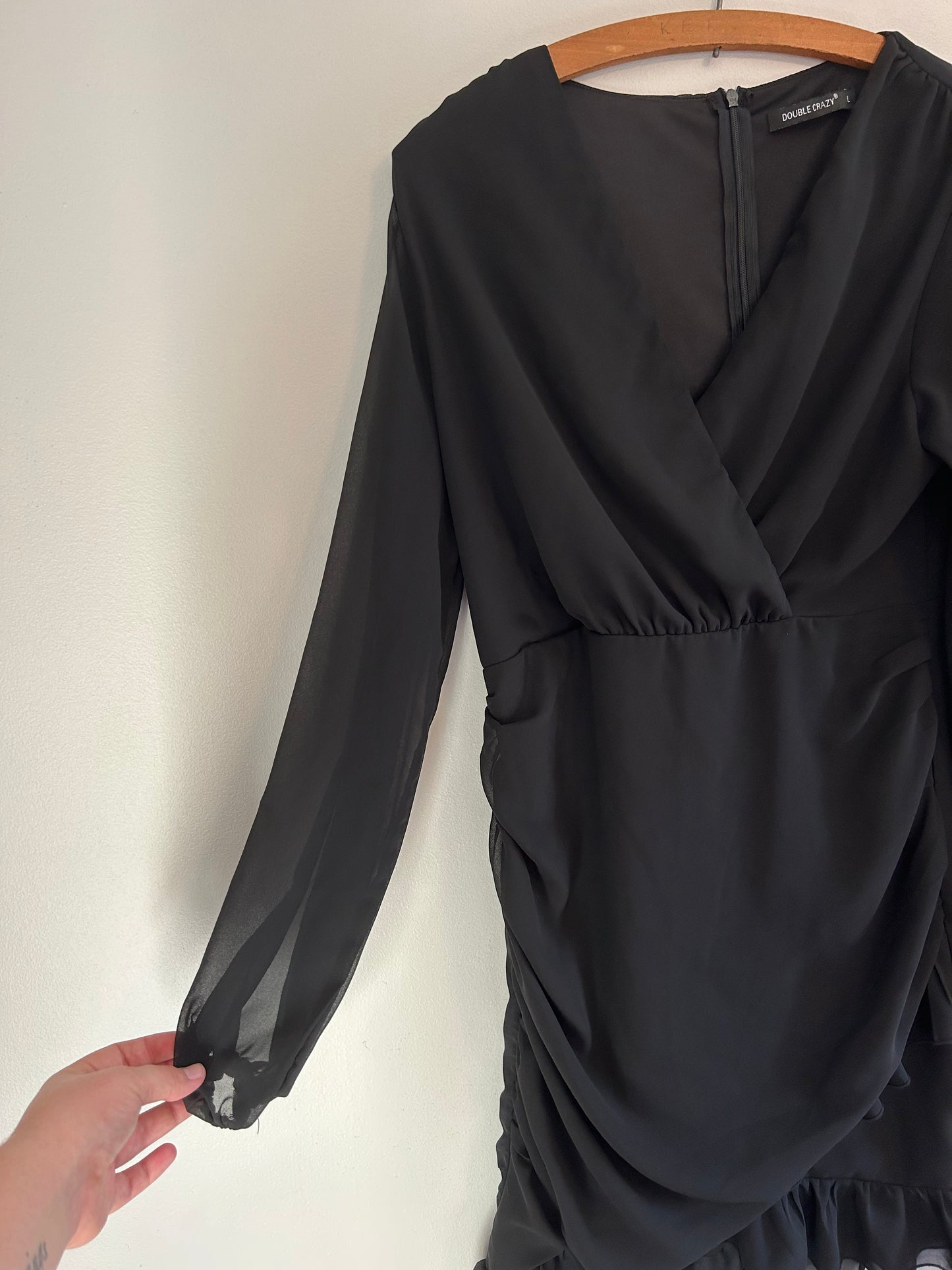 Double crazy large black vneck long sleeve bodycon dress