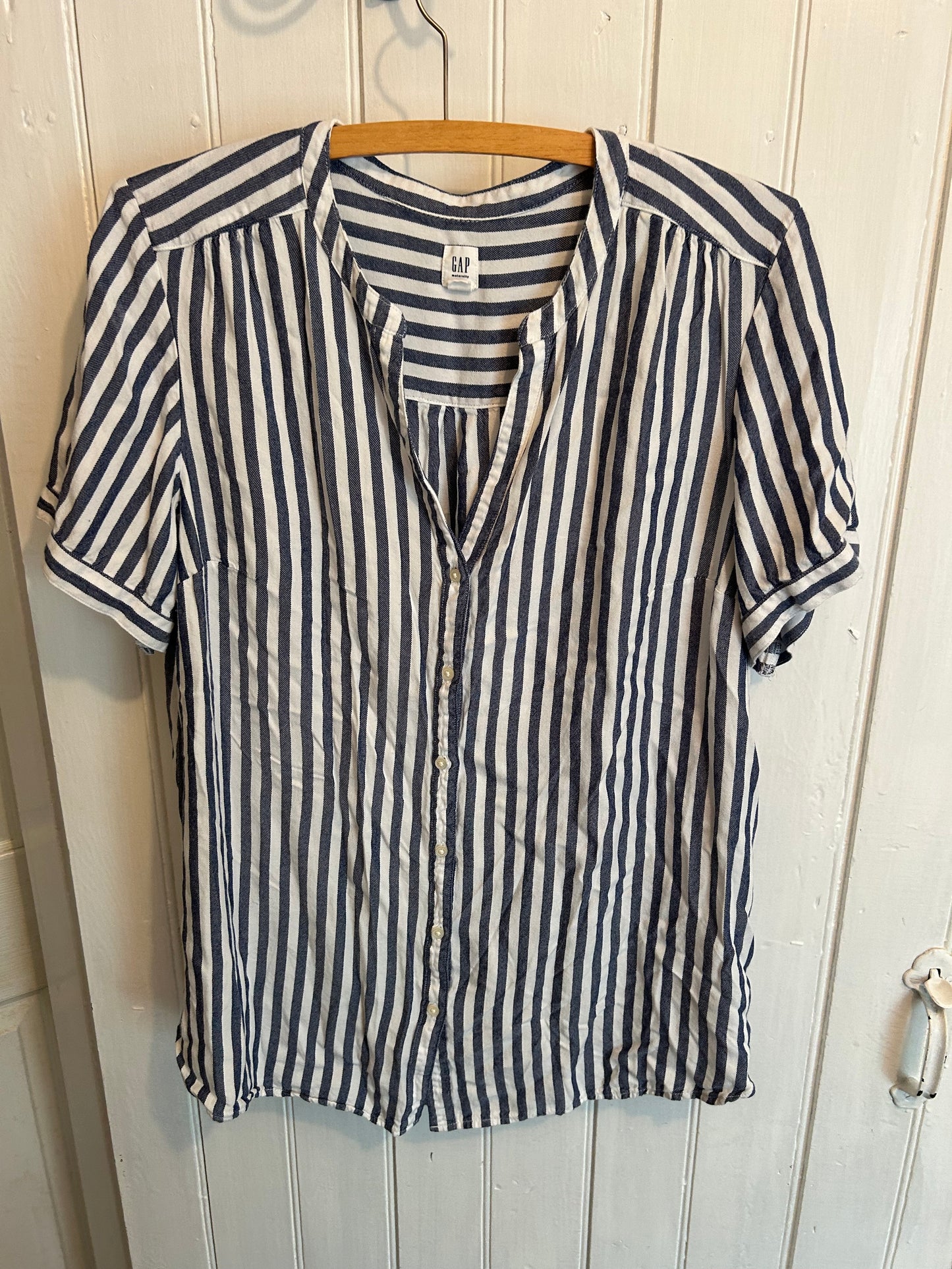 Gap maternity large navy & white striped button up top