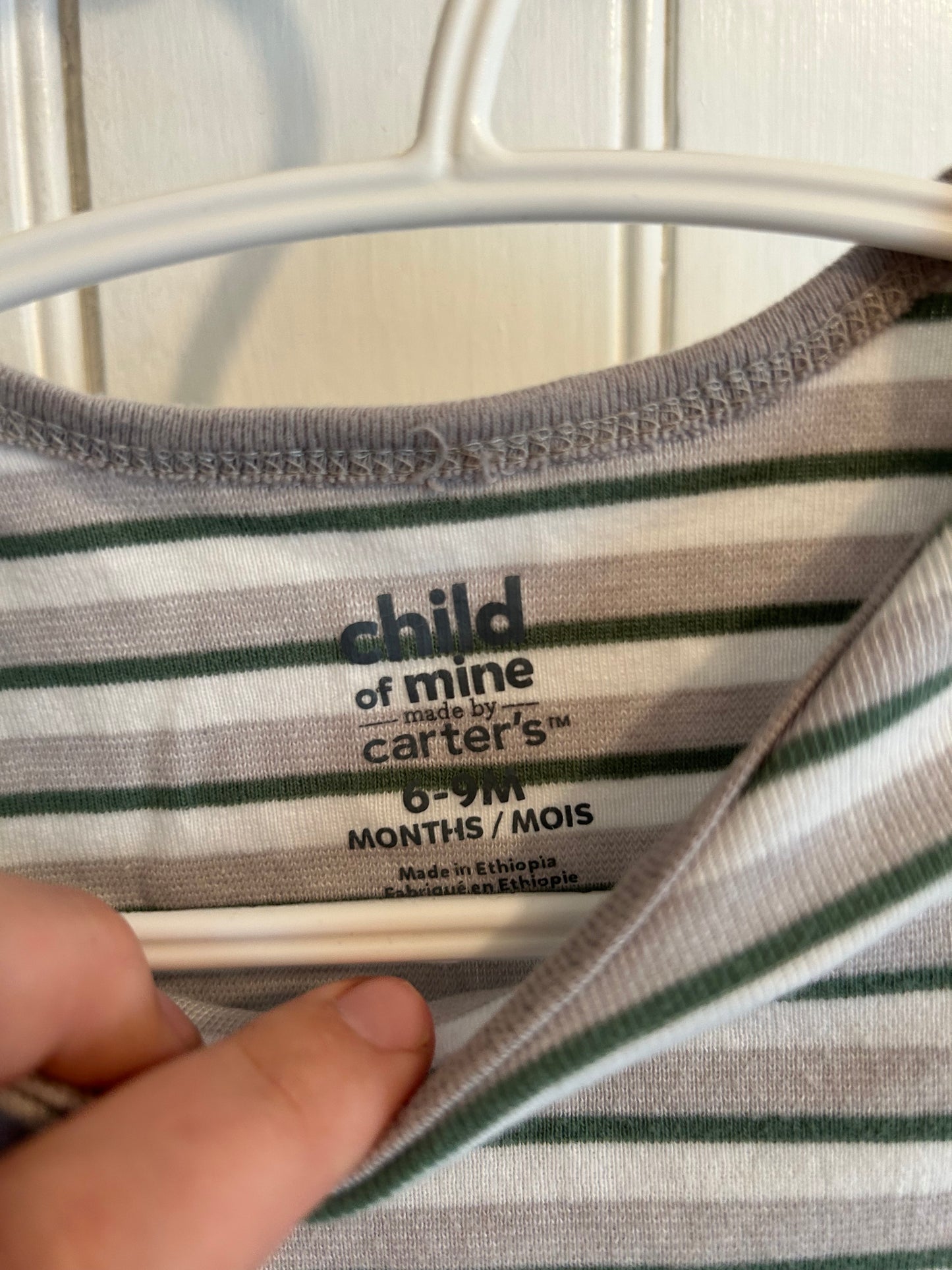 Carters 6/9m green & grey striped onesie