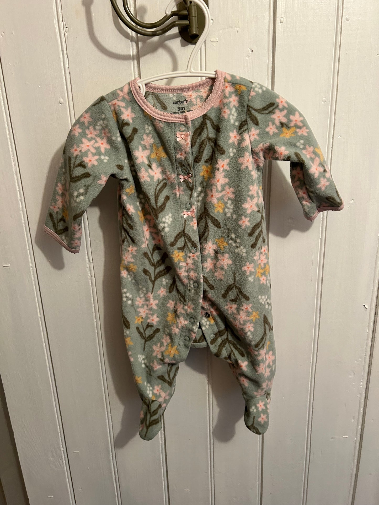 Carters 3m sage green & pink floral fleece sleeper