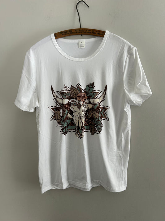 Large white Aztec bull graphic T-shirt