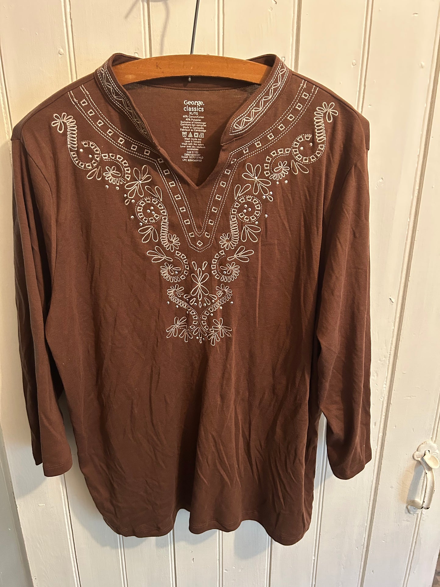 George xl brown embroidered vneck top