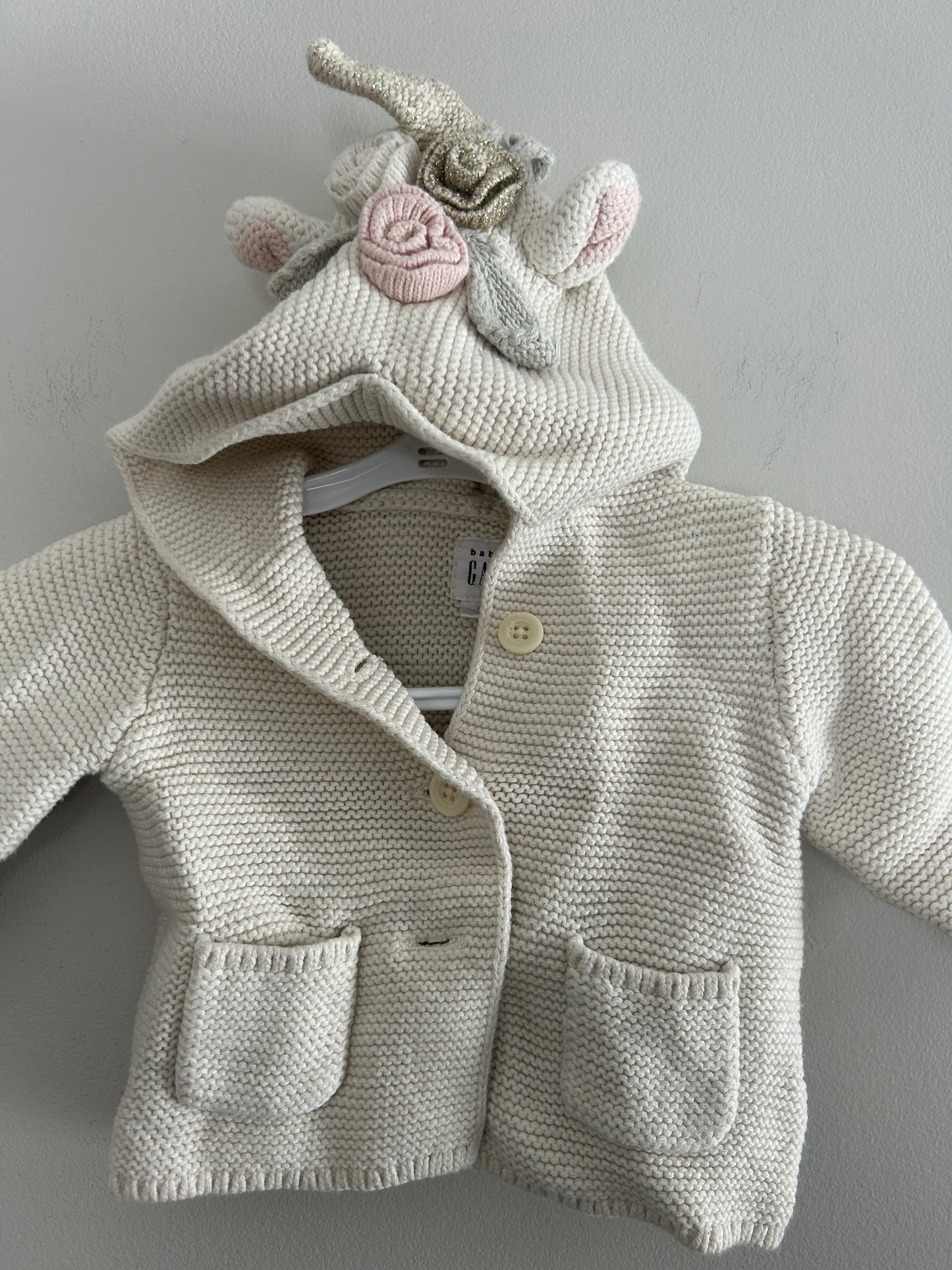 Gap 0/6m white unicorn knit hooded cardigan
