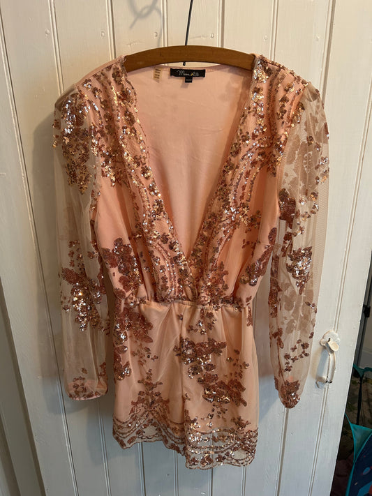 Moonlite xs pink & gold sequin floral vneck romper