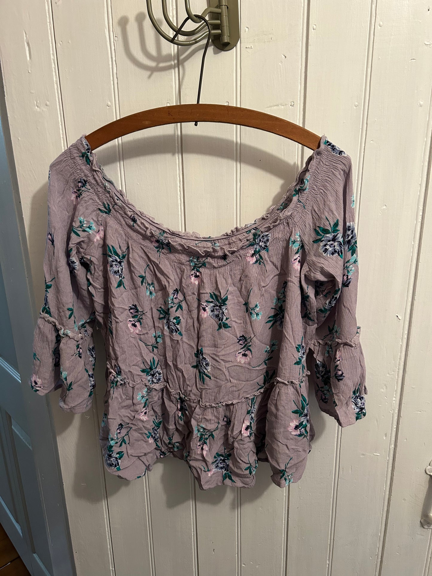 No comment large purple floral off the shoulder blouse