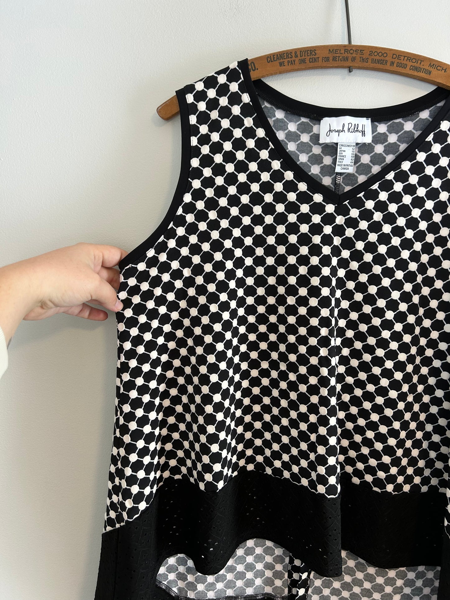 Joseph Ribkoff 10 black & white polka dot open back tank blouse