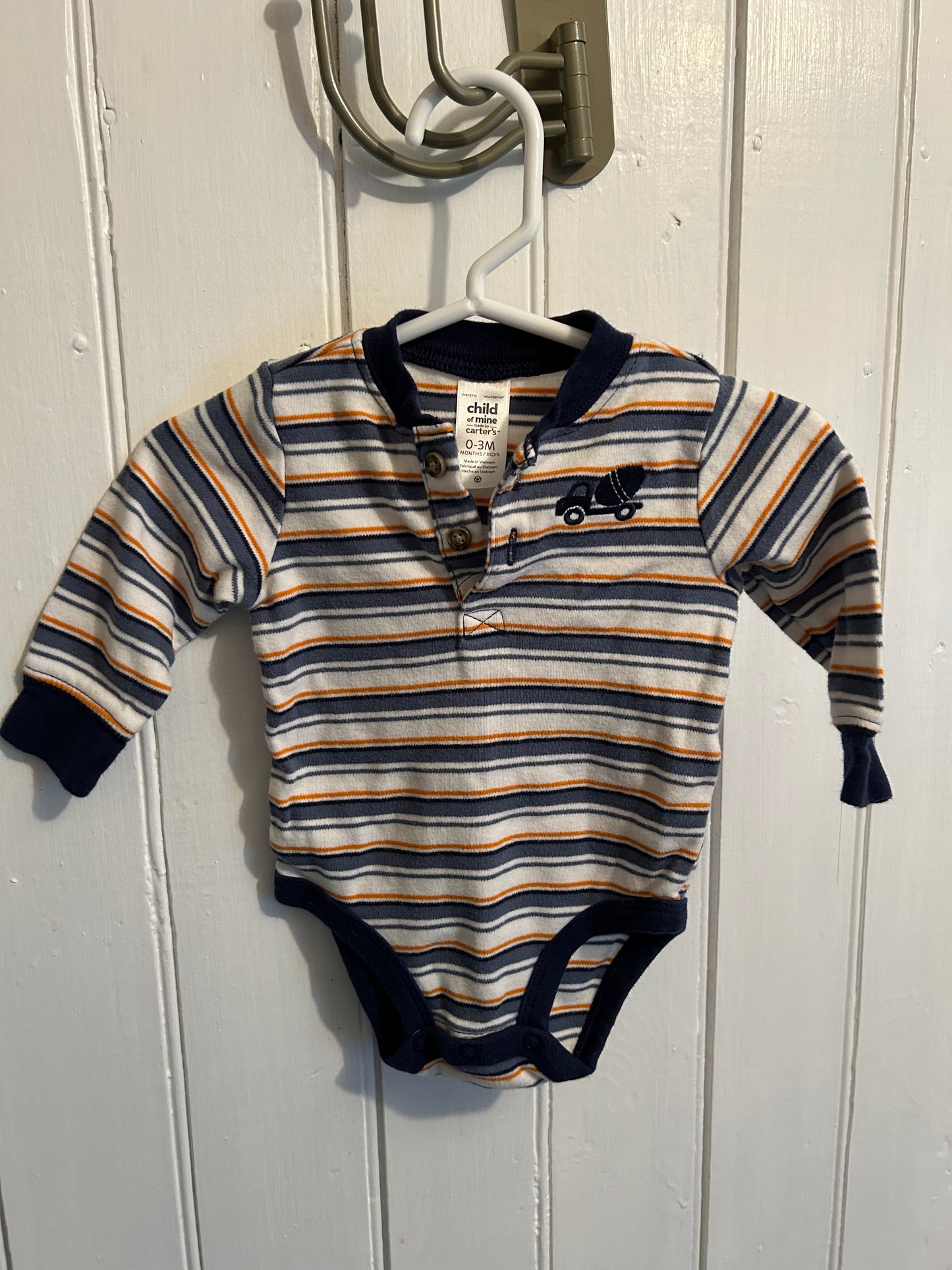 Carters 0/3m blue & orange striped truck onesie