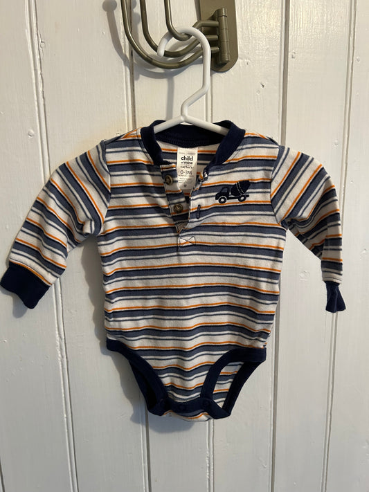 Carters 0/3m blue & orange striped truck onesie