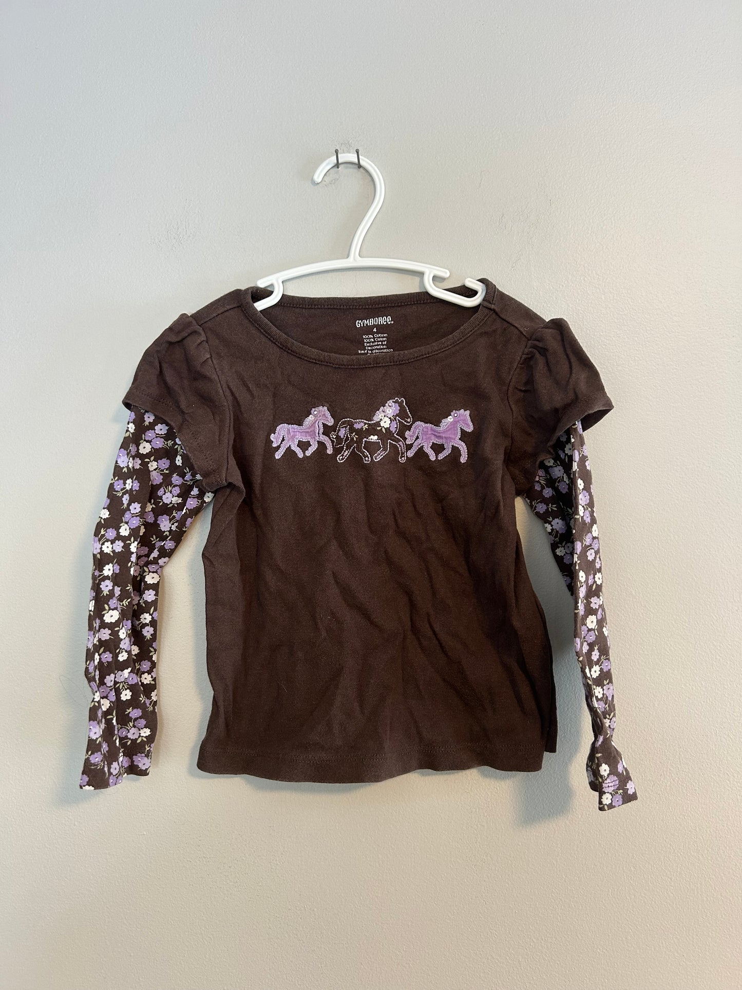 Gymboree 4 brown & purple floral horse top