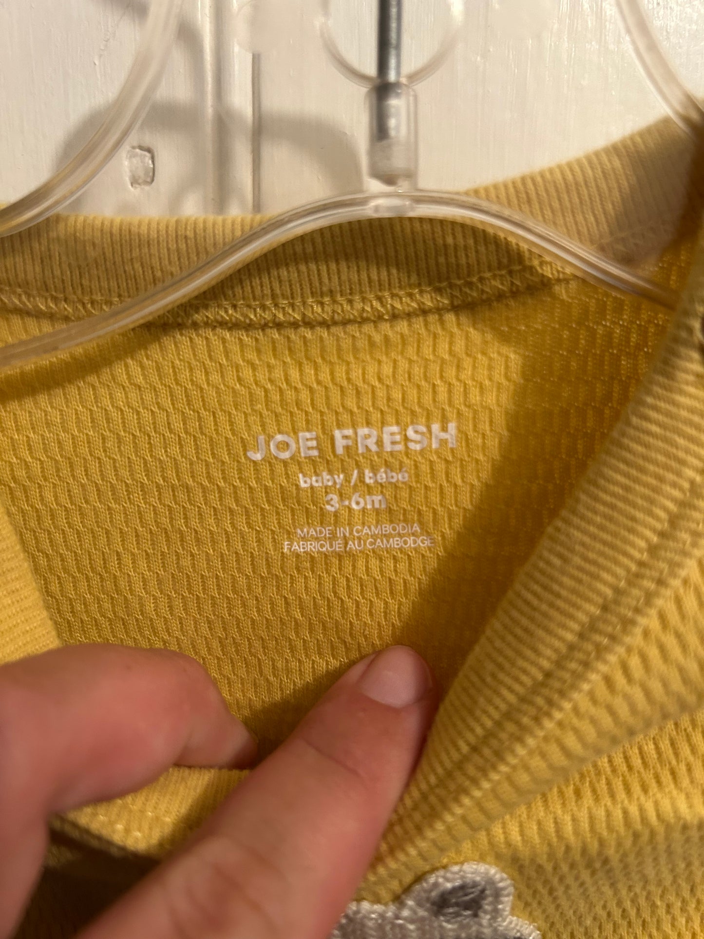 Joe fresh 3/6m yellow racoon onesie