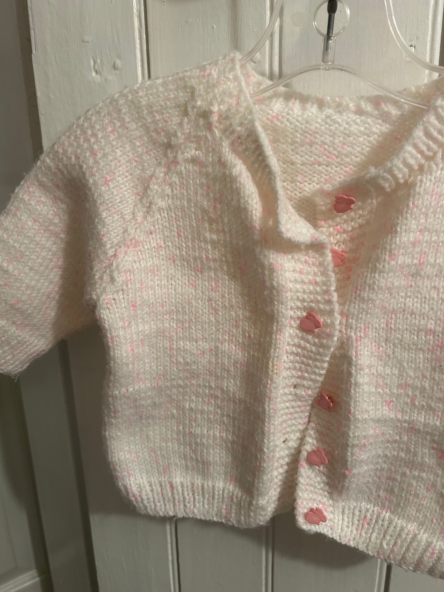 Handmade 12m white & pink rabbit cardigan